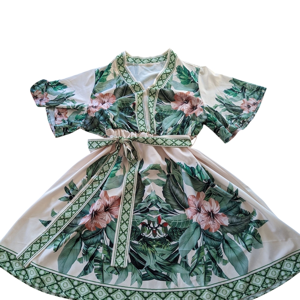 Plus Size Women's Tropical Print Tie Batwing Sleeve Dress Size 2XL